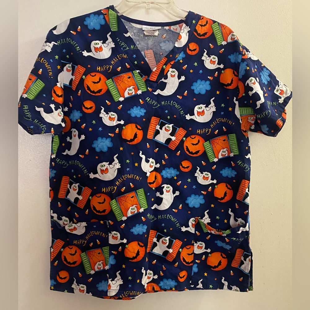 Womens Happy Halloween Scrubs Top S M By V Life Bust 40” Navy Ghosts Bats Moons
